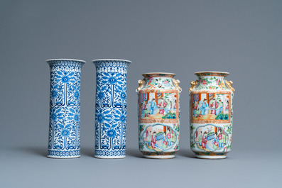 A pair of Chinese blue and white and a pair of Canton famille rose vases, 19th C.