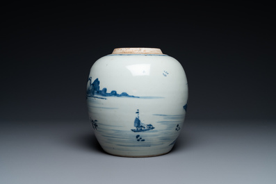 Un pot en porcelaine de Chine en bleu et blanc &agrave; d&eacute;cor d'un paysage, Kangxi
