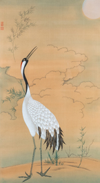 Chinese school, ink and color on paper: 'Two cranes', 20th C.
