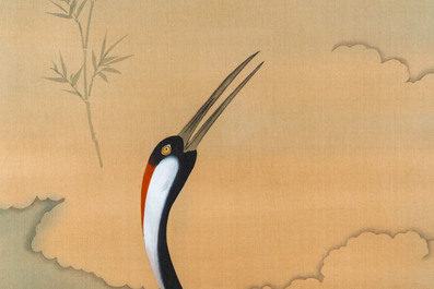 Chinese school, ink and color on paper: 'Two cranes', 20th C.