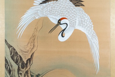 Chinese school, ink and color on paper: 'Two cranes', 20th C.