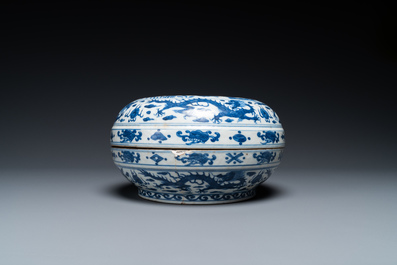 A Chinese blue and white 'hundred boys' box and cover, Wanli mark and of the period