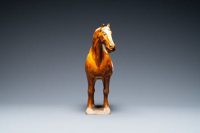 Un mod&egrave;le d'un cheval en terre cuite &agrave; gla&ccedil;ure ambre et beige, Chine, Tang