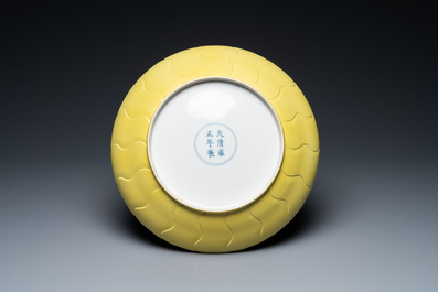 A Chinese monochrome yellow 'lotus' dish, Yongzheng mark, Republic