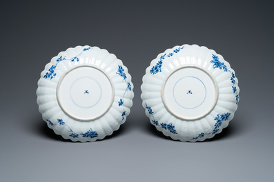 A pair of lobed Chinese blue and white dishes with butterflies, Kangxi