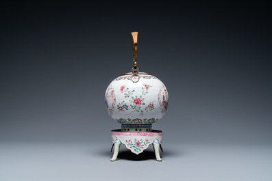 A Chinese Canton enamel teapot on warming stand, Qianlong