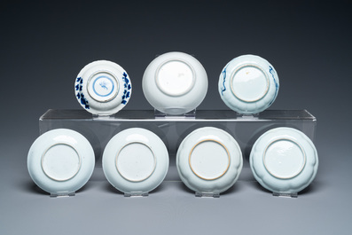 Twenty-two Chinese blue and white and famille rose cups and nineteen saucers, Kangxi and later