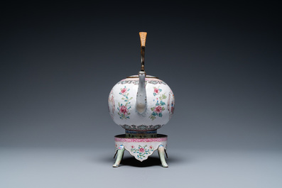 A Chinese Canton enamel teapot on warming stand, Qianlong