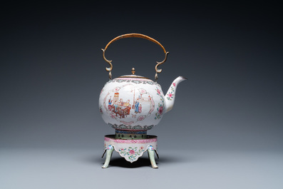 A Chinese Canton enamel teapot on warming stand, Qianlong