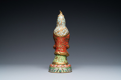 A Chinese champlev&eacute; enamel and gilt copper figure of Guanyin, Qing