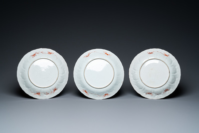 Three Chinese lotus-molded iron-red and gilt dishes, Kangxi