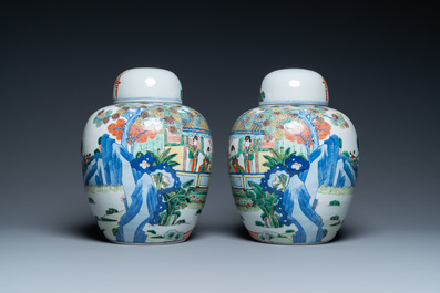 A pair of Chinese wucai jars and covers, Wanli mark, 19th C.