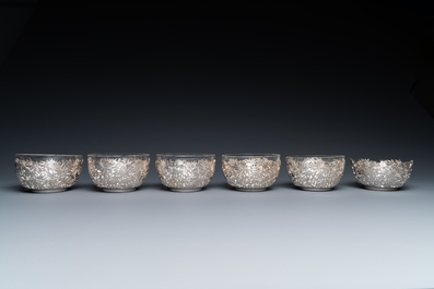 Six Chinese reticulated silver 'bamboo' bowls with glass inserts, 19/20th C.