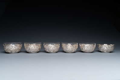 Six Chinese reticulated silver 'bamboo' bowls with glass inserts, 19/20th C.