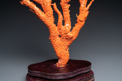 A large Chinese carved red coral group with birds on floral branches, 19/20th C.