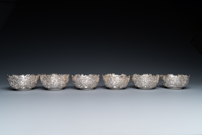 Six Chinese reticulated silver 'bamboo' bowls with glass inserts, 19/20th C.