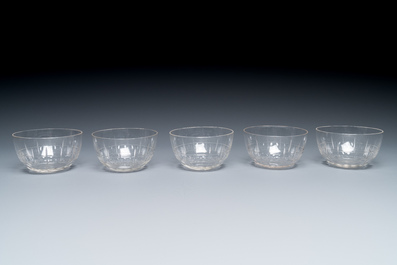 Six Chinese reticulated silver 'bamboo' bowls with glass inserts, 19/20th C.