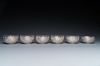 Six Chinese reticulated silver 'bamboo' bowls with glass inserts, 19/20th C.