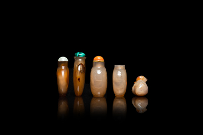 Five Chinese agate snuff bottles, 19th C.