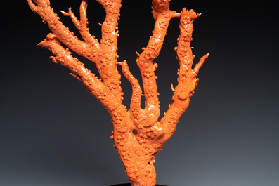 A large Chinese carved red coral group with birds on floral branches, 19/20th C.