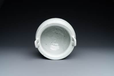 A large Chinese blanc de Chine censer with jade-topped wooden lid and stand, 18/19th C.