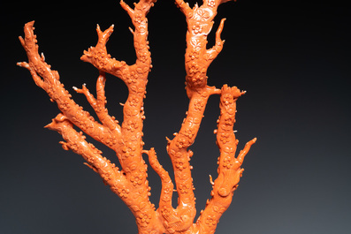 A large Chinese carved red coral group with birds on floral branches, 19/20th C.