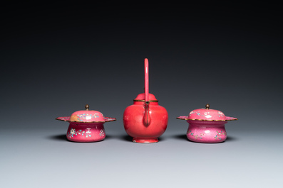 A Chinese ruby-ground Canton enamel teapot and a pair of covered bowls, Qianlong/Jiaqing