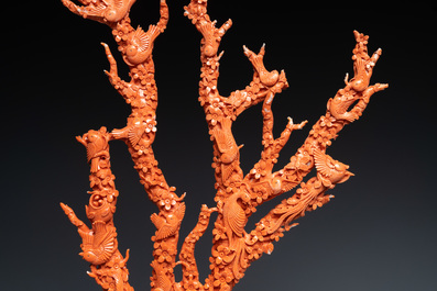 A large Chinese carved red coral group with birds on floral branches, 19/20th C.