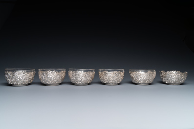 Six Chinese reticulated silver 'bamboo' bowls with glass inserts, 19/20th C.