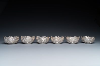 Six Chinese reticulated silver 'bamboo' bowls with glass inserts, 19/20th C.