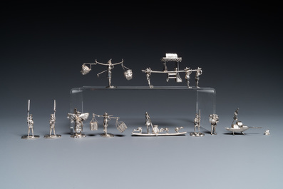 A collection of Chinese silver miniatures, a powder box and a table ornament, 19/20th C.