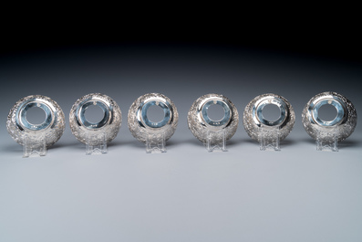 Six Chinese reticulated silver 'bamboo' bowls with glass inserts, 19/20th C.