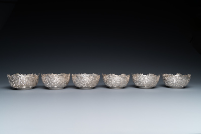 Six Chinese reticulated silver 'bamboo' bowls with glass inserts, 19/20th C.