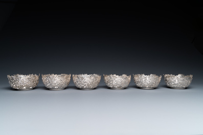 Six Chinese reticulated silver 'bamboo' bowls with glass inserts, 19/20th C.