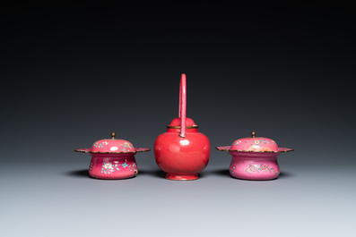 A Chinese ruby-ground Canton enamel teapot and a pair of covered bowls, Qianlong/Jiaqing
