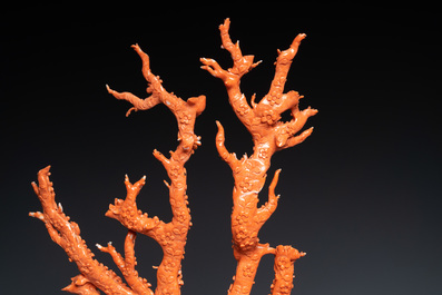 A large Chinese carved red coral group with birds on floral branches, 19/20th C.