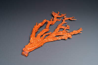 A large Chinese carved red coral group with birds on floral branches, 19/20th C.