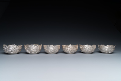 Six Chinese reticulated silver 'bamboo' bowls with glass inserts, 19/20th C.