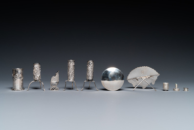 A collection of Chinese silver miniatures, a powder box and a table ornament, 19/20th C.