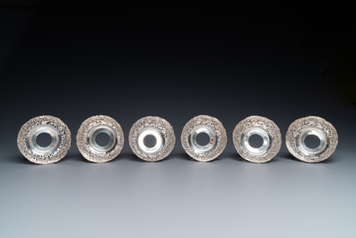 Six Chinese reticulated silver 'bamboo' bowls with glass inserts, 19/20th C.