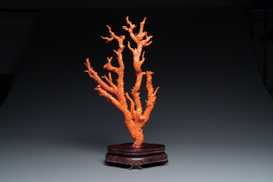 A large Chinese carved red coral group with birds on floral branches, 19/20th C.