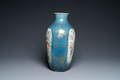 A Chinese famille rose gilt-decorated blue-ground vase, 18/19th C.