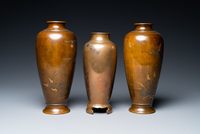 Three Japanese silver- and brass inlaid bronze vases, Meiji, 19th C.