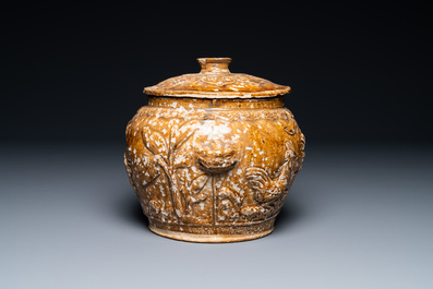 A Vietnamese brown-glazed 'dragon and deer' bowl and cover, 15/16th C.
