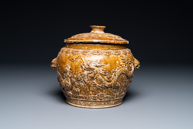 A Vietnamese brown-glazed 'dragon and deer' bowl and cover, 15/16th C.
