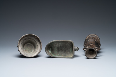 A Chinese bronze vase, a ewer and a censer, Ming/Qing