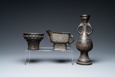 A Chinese bronze vase, a ewer and a censer, Ming/Qing