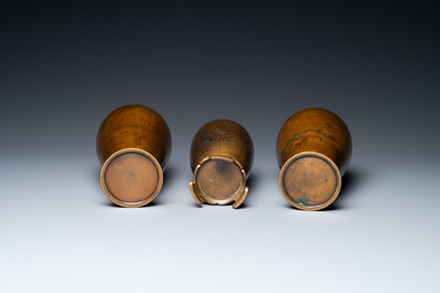 Three Japanese silver- and brass inlaid bronze vases, Meiji, 19th C.