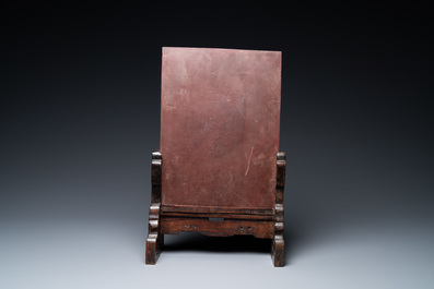 A Chinese wooden table screen with 'duan' stone plaque, 19th C.