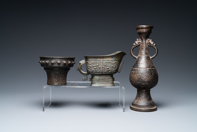 A Chinese bronze vase, a ewer and a censer, Ming/Qing